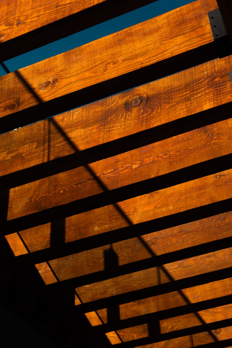 Cedar slat soffit detail against a blue sky